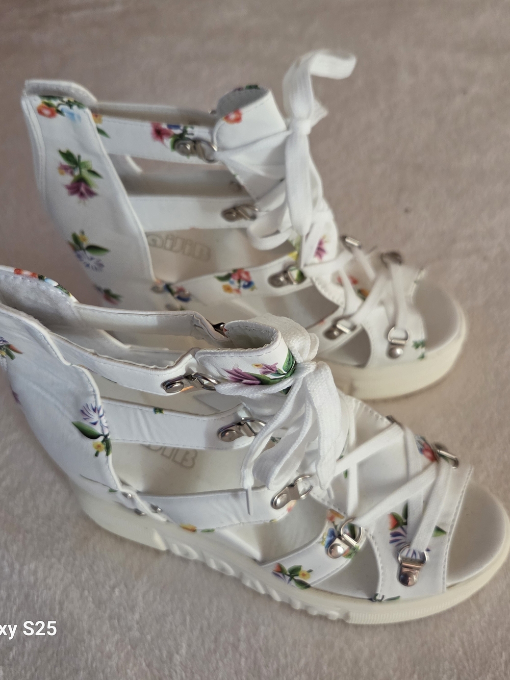 Floral Platform Wedge Sandals White Lace Up Strappy Gladiator Open Toe New